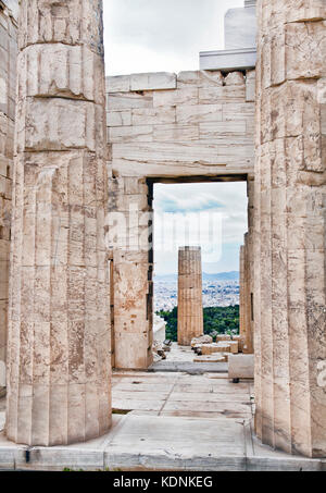 Marble remains of walls and columns  located in the Acropolis of Athens.