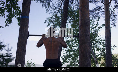 Back view of tattooed man doing pull-ups while having workout in picturesque autumn park. Young athlete in the tattoo pulled on the bar in the Park Stock Photo