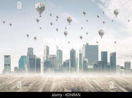 Concept of air pollution concept with aerostats flying above city Stock ...