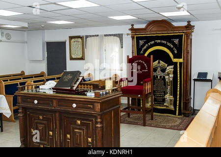 Moshav Tziparia , Israel - October 13 . 2017: The interior of the synagogue in Moshav Tziparia . Israel . Designated congregation and the altar. Stock Photo