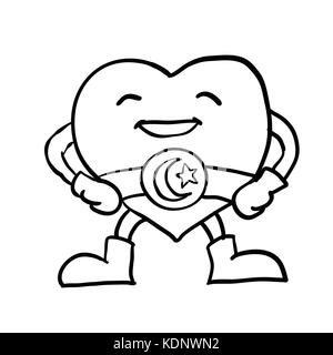 Hand drawing of Cartoon smiling Heart with Crescent star on belt, Superhero Character, Sketch design for coloring book.Vector Illustration. - Vector I Stock Vector