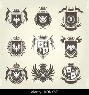 Medieval royal coat of arms and knight emblems - heraldic shield crest Stock Vector