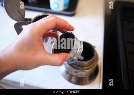 Alessi metal Coffee pot, Italian coffee, POV Stock Photo