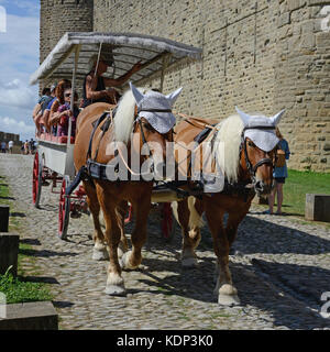 Horses and carriage travelling around castle at Carcassonne, France Stock Photo