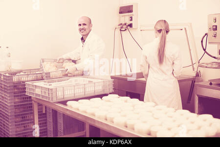 two  workers in white coats working at cottage cheese production on dairy factory Stock Photo
