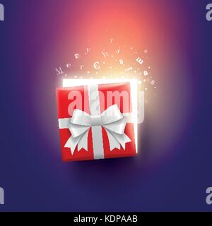 Half open Christmas gift box with magical lights and Merry Christmas letters. Surprise concept. Stock Vector