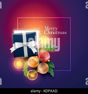 Christmas decoration objects, half open Christmas gift box with magical lights and Merry Christmas and Happy New Year text. Surprise concept. Ideal fo Stock Vector
