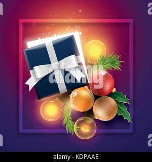 Christmas decoration objects, half open Christmas gift box with magical lights. Surprise Christmas concept. Stock Vector