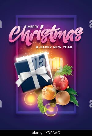 Christmas decoration objects, half open Christmas gift box with magical lights. Christmas and new year greeting and poster design. Surprise Christmas  Stock Vector