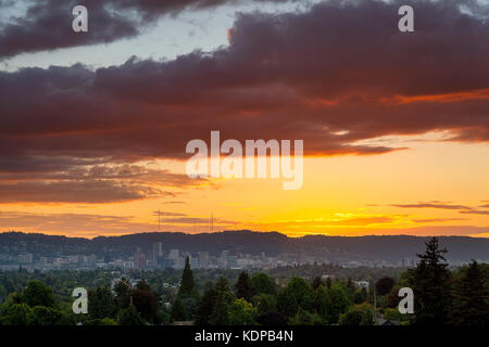Colorful sunset over city of Portland Oregon downtown skyline panoramic view Stock Photo