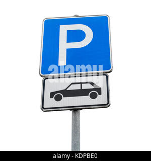 Motor car parking sign. Blue square road sign isolated on white background Stock Photo