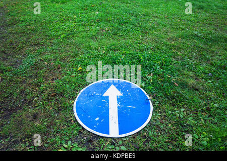 Ahead only, round blue road sign with white arrow lays on green grass Stock Photo