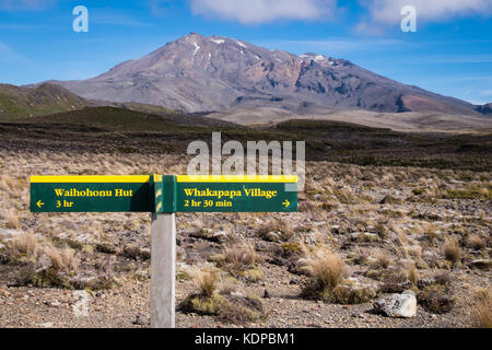 A view of route guidance signs reading Waihohonu Hut and Whakapapa Village near Mount Ruapehu, Tongariro National Park, New Zealand Stock Photo