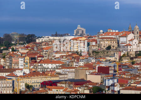Porto cityscape on Iberian Peninsula, second largest city in Portugal. View from Gaia city. Rosa Mota Pavilion on photo Stock Photo