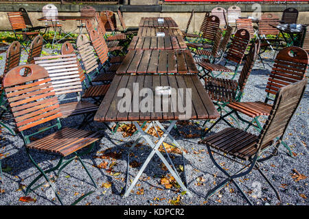 Empty terrace on the Elbe meadow in Dresden, normally full of people and with a beautiful view on the old town but not on this rainy October day Stock Photo
