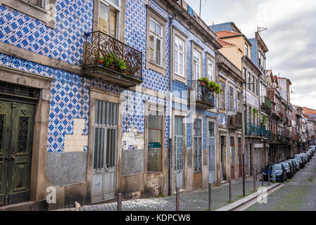 Residential buildings with Azulejo tiled facades on Rua do Sol street in Porto city on Iberian Peninsula, second largest city in Portugal Stock Photo