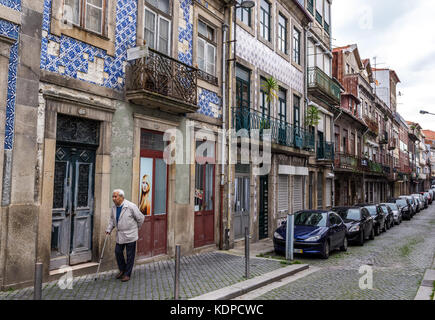 Residential buildings with Azulejo tiled facades on Rua do Sol street in Porto city on Iberian Peninsula, second largest city in Portugal Stock Photo