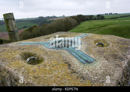 A triangulation point on Corton Hill on the Mendip Hills, near Sherborne, Somerset, England, UK. Stock Photo