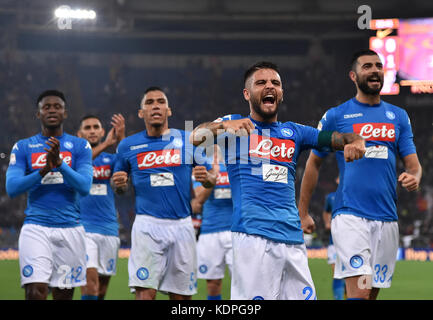 Roma, Italy. 14th Oct, 2017. Napoli's Lorenzo Insigne (F) celebrates after a Serie A soccer match between Roma and Napoli in Rome, Italy, Oct. 14, 2017. Napoli won 1-0. Credit: Alberto Lingria/Xinhua/Alamy Live News Stock Photo