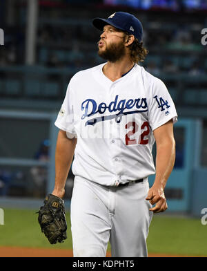 Los Angeles, California, USA. 14th Oct, 2017. Los Angeles Dodgers starting pitcher Clayton Kershaw walks off the mound at the end of the second inning of a National League Championship Series baseball game against the Chicago Cubs at Dodger Stadium on Saturday, Oct. 14, 2017 in Los Angeles. (Photo by Keith Birmingham, Pasadena Star-News/SCNG) Credit: San Gabriel Valley Tribune/ZUMA Wire/Alamy Live News Stock Photo