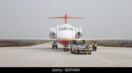 Beijing, BeiDou navigation system installed. 14th Oct, 2017. An ARJ21-700 plane is in a test flight in Dongying, east China's Shandong Province, Oct. 14, 2017. The Chinese-developed regional jetliner, which has the BeiDou navigation system installed, has successfully completed a test flight, Commercial Aircraft Corporation of China said on Oct. 14, 2017. Credit: Ding Ting/Xinhua/Alamy Live News Stock Photo