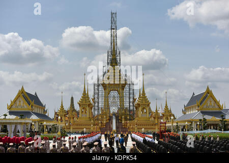 Bangkok, Thailand. 15th Oct, 2017. Staff members attend the second rehearsal for the funeral of the late Thai King Bhumibol Adulyadej at the Sanam Luang square in Bangkok, Thailand, Oct. 15, 2017. The royal funeral for King Bhumibol Adulyadej is scheduled from Oct. 25 to 29. Credit: Li Mangmang/Xinhua/Alamy Live News Stock Photo