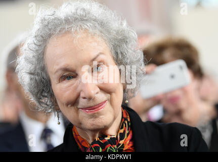 Frankfurt, Germany. 15th Oct, 2017. The Canadian author Margaret Atwood at the award ceremony of the German book trade for the peace prize at the Paulskirche in Frankfurt am Main in Germany, 15 October 2017. The 77-year-old author is honoured with the renown prize, which comes with a sum of 25 000 euros. Photo: Arne Dedert/dpa Credit: dpa picture alliance/Alamy Live News Stock Photo