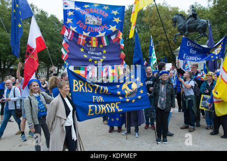 Bristol, UK, 14th October 2017. Julie Girling, Conservative MEP for South West and Gibraltar attends pro-EU Bristol for Europe Rally. She said we have to work towards changing the view for a second referendum. We deserve a say on this deal, because my goodness it looks as if its going to be a really bad one. If it’s a no deal we must have a say. Pictured Clare Moody Labour MEP and Julie Girling (on right) holding Bristol for Europe banner. Credit: Steve Bell/Alamy Live News Stock Photo