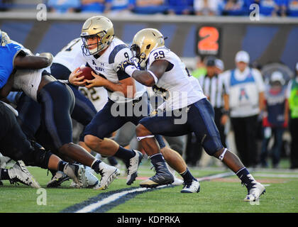 October 14, 2017; Memphis, TN, USA; NAVY Midshipmen quarterback, ZACH ABEY (9), charges forward with running-back DARRYL BONNER (29), at his side in an NCAA football game against the Memphis Tigers in the Liberty Bowl Memorial Stadium. Kevin Langley/CSM Stock Photo