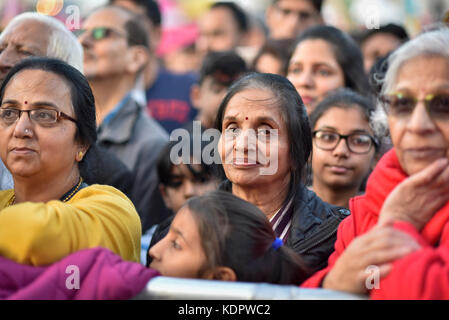 London, UK. 15th Oct, 2017. Visitors view stage performances at Diwali, the 'Festival of Lights', in Trafalgar Square. Hosted by Sadiq Khan, Mayor of London, organisers present a variety of cultural activities and entertainment for visitors to enjoy. Diwali is observed annually by Hindus, Sikhs and Jains in India and many other countries around the world. Credit: Stephen Chung/Alamy Live News Stock Photo
