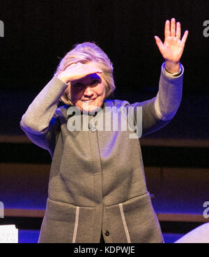 London, UK. 15th Oct, 2017. Former US Secretary of State Hilary Clinton waves on stage following her talk at the London Literary Festival at The Royal Festival Hall, where she was speaking about her latest book 'What Happened' which reflects on her defeat by Donald Trump in the 2016 US presidential election. Credit: Dinendra Haria/Alamy Live News Stock Photo