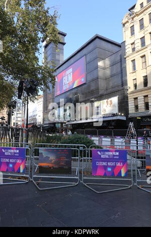 London, UK. 15th Oct, 2017. Preparations for the Closing Night Gala of the BFI London Film festival 2017 in Leicester Square London, UK. Credit: Stephen Finn/Alamy Live News Stock Photo