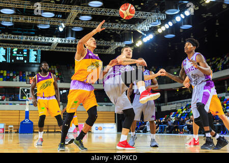 London, UK, 15th Oct 2017. The London Lions team dominate the BBL British basketball league game against Leeds Force at the Copper Box Arena, Queen Elizabeth Olympic Park Stratford, London. Lions win 103-54 Stock Photo