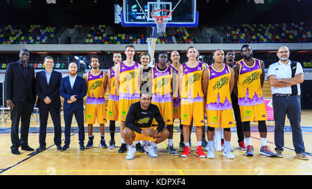 London, UK, 15th Oct 2017. Team shot -The London Lions team 2017/2018 and coaches after the game. the London Lions team dominate the BBL British basketball league game against Leeds Force at the Copper Box Arena, Queen Elizabeth Olympic Park Stratford, London. Lions win 103-54 Stock Photo