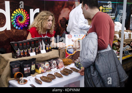 Ecuadorian chocolate on display at The Chocolate Show 2017. Chocolate fans descended en masse for The Chocolate Show, 13th-15th October 2017, at Olympia, London, UK, which ended today. Featuring a wide range of exhibitors selling everything chocolate from around the world, tastings, demonstrations by leading chefs and chocolatiers, and chocolate art and fashion displays, the show experienced high visitor numbers across all three days. 15th October 2017. Credit: Antony Nettle/Alamy Live News Stock Photo