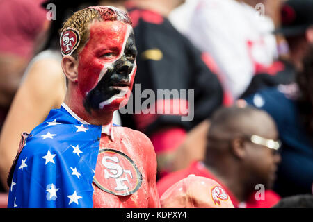 Landover, Maryland, USA. 15th Oct, 2017. San Francisco 49ers fan looks on during the NFL game between the San Francisco 49ers and the Washington Redskins at FedExField in Landover, Maryland. Scott Taetsch/CSM/Alamy Live News Stock Photo