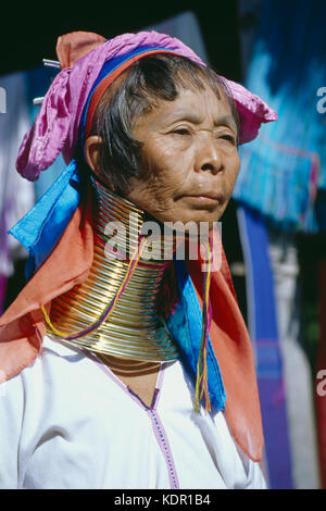 Thailand: A Padaung (Long Neck Karen) woman after removing her neck rings  for cleaning, village near Mae Hong Son. The Padaung or Kayan Lahwi or Long  Necked Karen are a subgroup of