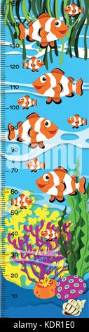 Measuring height scales on paper with clownfish in the sea illustration Stock Vector