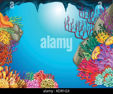 Underwater scene with coral reef in cave illustration Stock Vector