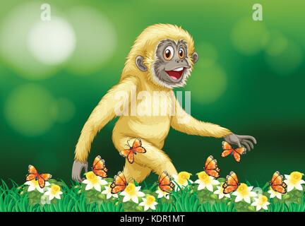 Gibbon and butterflies in garden illustration Stock Vector