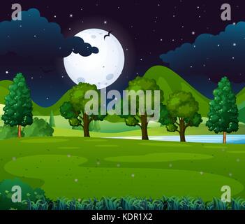 Night scene with fullmoon in the park illustration Stock Vector