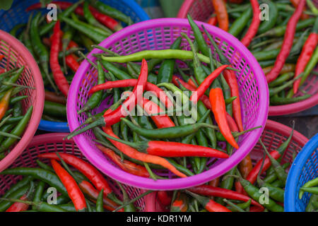 Hot chilli Paprika (Chilli Padi, Bird's Eye Chilli, Bird Chilli, Thai pepper) in a basket at the Thailand market Stock Photo