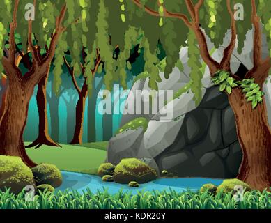 Cave in the deep forest illustration Stock Vector