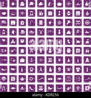 100 national holiday icons set grunge purple Stock Vector
