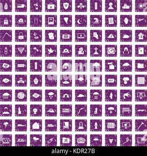 100 natural disasters icons set grunge purple Stock Vector