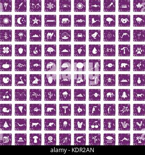 100 nature icons set grunge purple Stock Vector