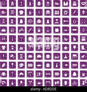 100 needlework icons set grunge purple Stock Vector