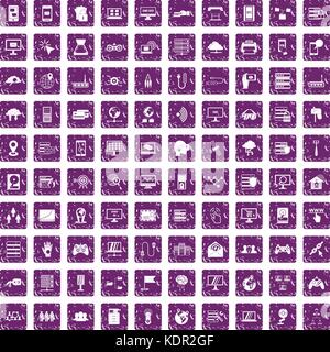 100 network icons set grunge purple Stock Vector