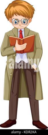 Man in brown overcoat reading book illustration Stock Vector