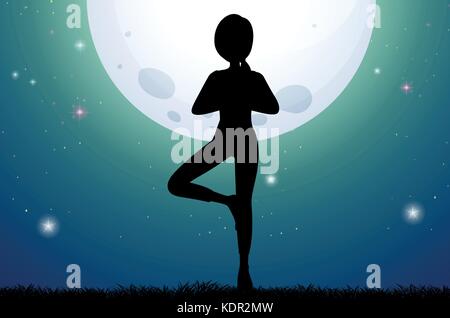 Silhouette of a woman doing yoga on mountain peak, vector illustration ...